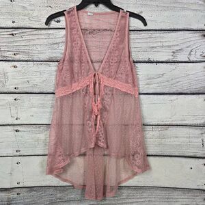 Maurices M Blush Sheer Lace Tie-Front High-Low Vest
